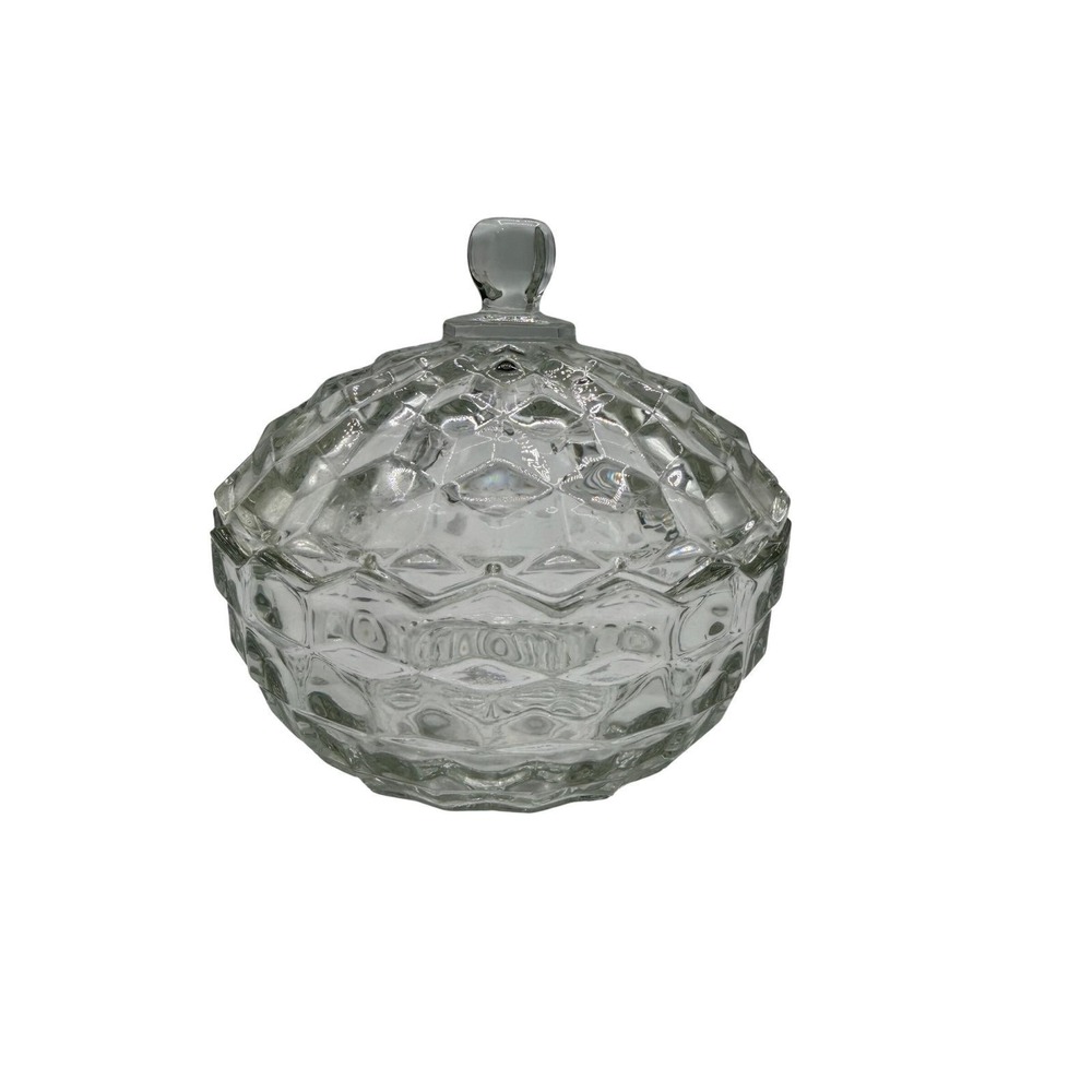Unbranded Clear Glass Candy Dish Vintage Style Geometric Lidded Bowl